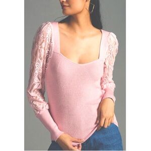 By Anthropologie Lace-Sleeve Sweater Blouse Pink - XSmall